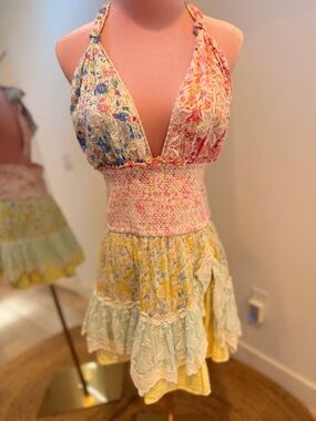 LoveShackFancy Cambria floral halter mini dress in pink, yellow, blue